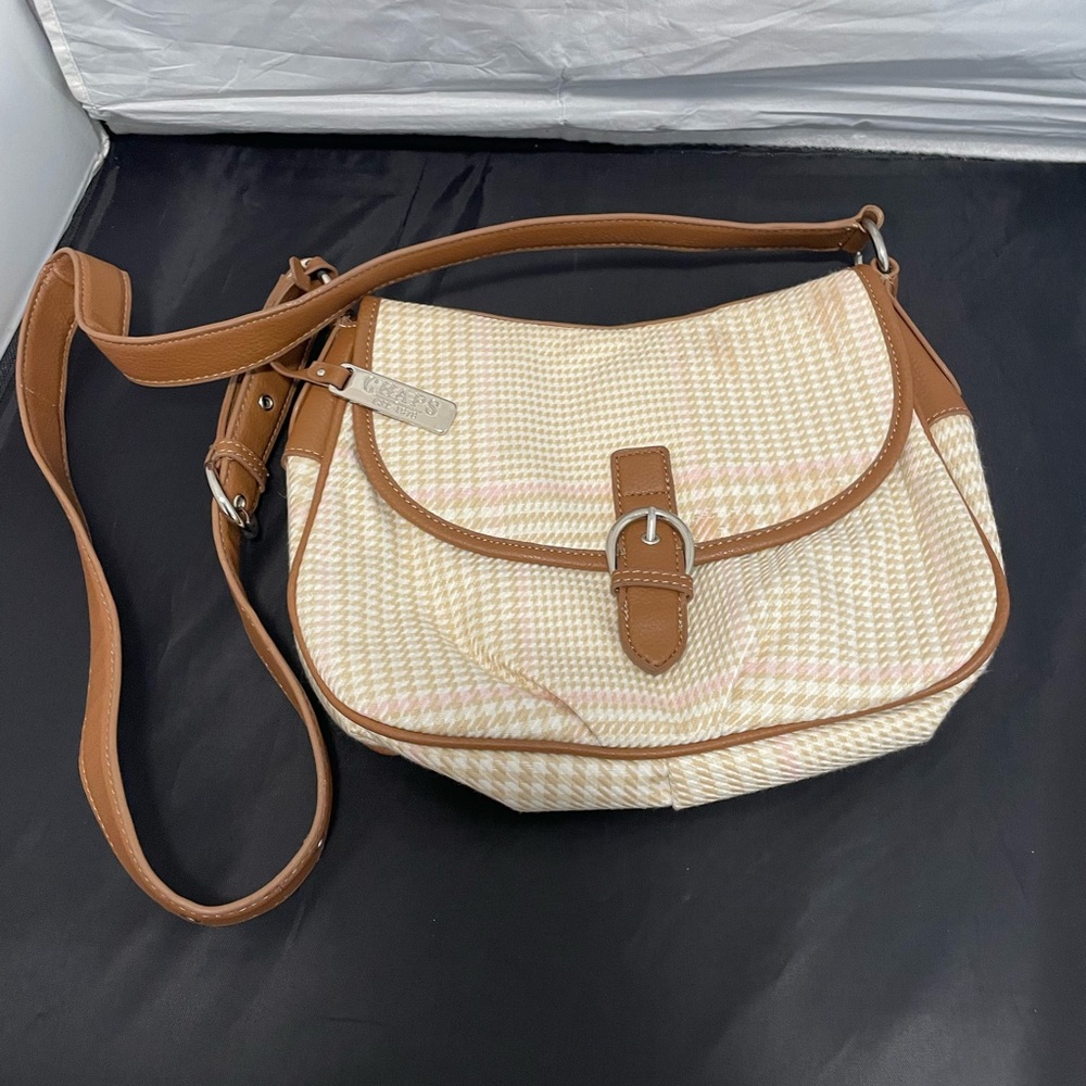 CHAPS Sutton Place Purse Medium Beige Brown Pink Accent Adjustable Strap Bag